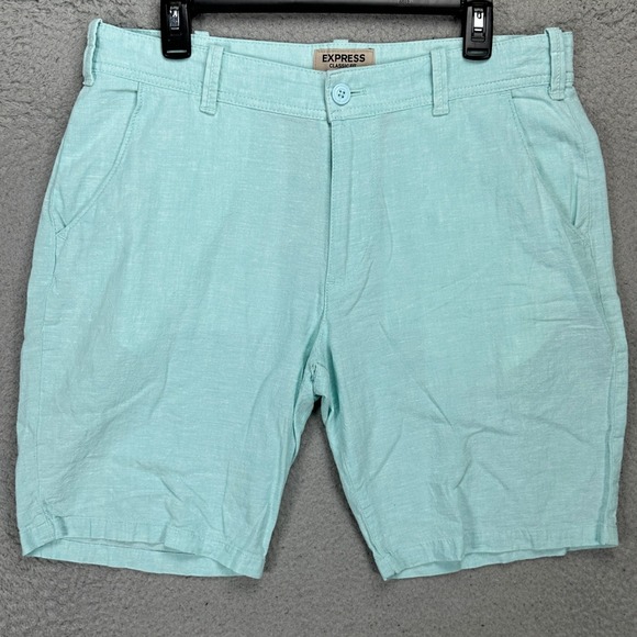 Express Classic Fit Men Linen Blend Shorts 33 Aqua Blue Khakis Flat Front Casual